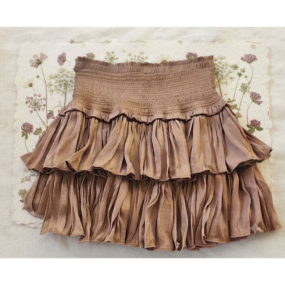 NWT Reset by Jane Women’s Small Bronze Smocked Ruffle Tiered Mini Skirt Lined